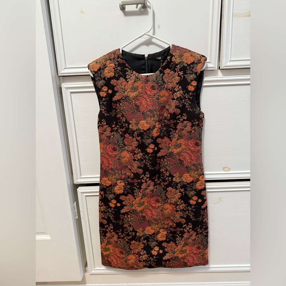 Maje Black and Orange Floral Midi Dress